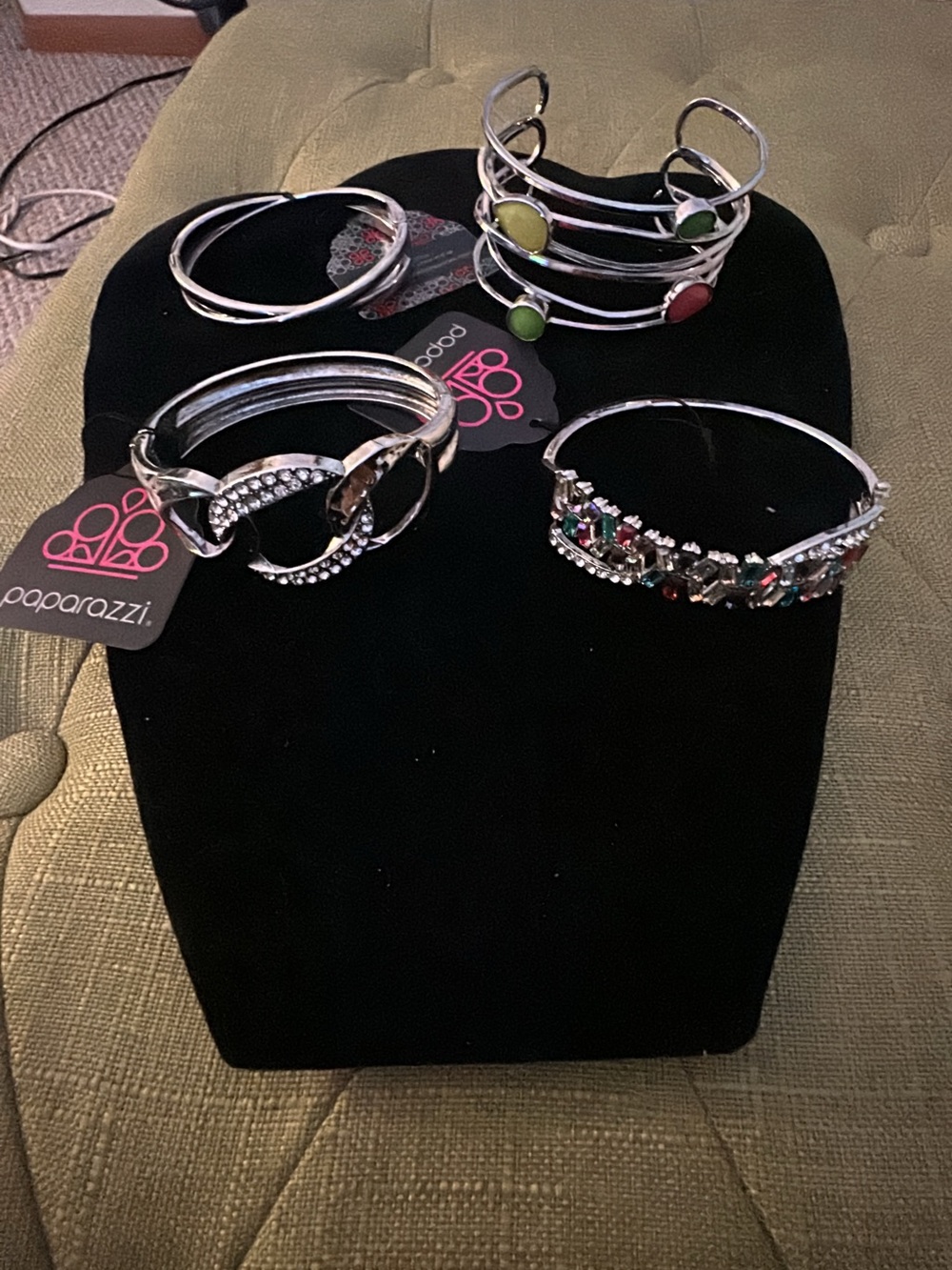 4 paparazzi Silver Cuff Bracelet Sets with Green and Red Accents